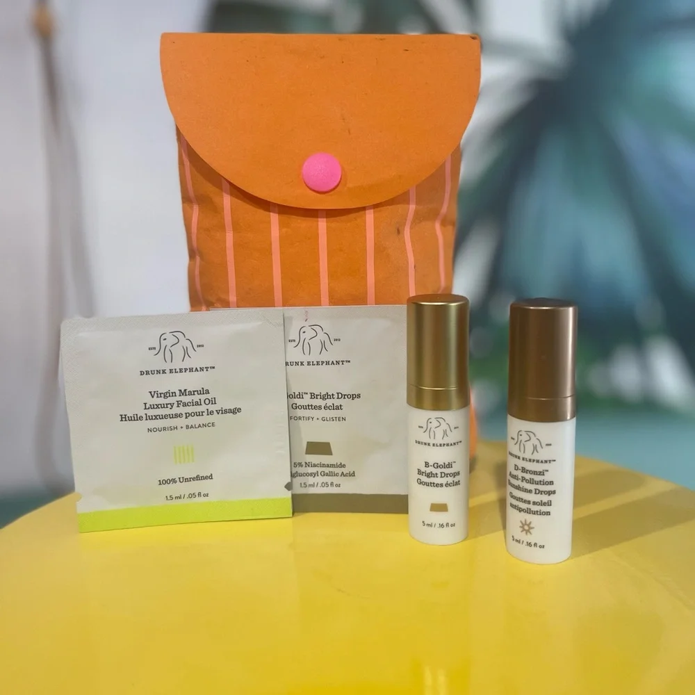 Drunk Elephant Bronze & Gold Trio with Samples and Reusable Orange Pouch